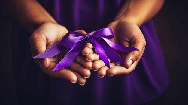 Foto handen van volwassenen en kinderen met paarse linten alzheimer pancreaskanker