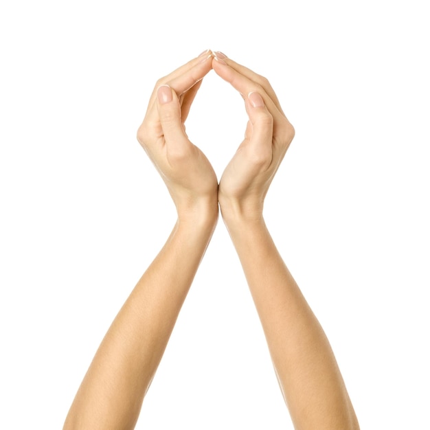 Handen vasthouden of meten. Vrouw hand met french manicure gebaren geïsoleerd op een witte achtergrond. Onderdeel van serie
