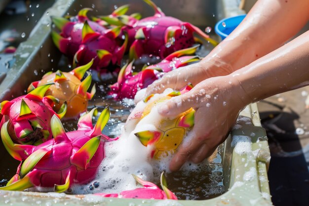 Foto handen wassen van kleurrijke pitayas drakenfruit in een bak