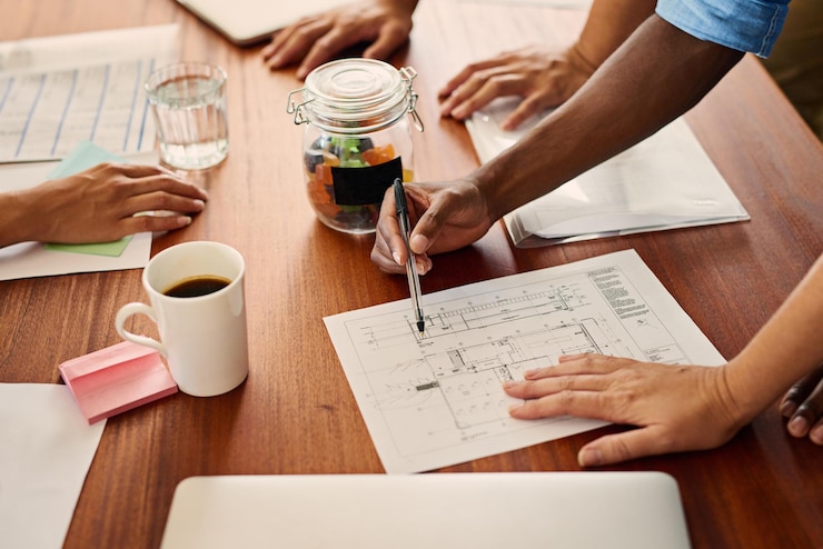 Foto handen zakenmensen en blauwdruk voor architect ontwerp idee en vloerplan in de vergadering kantoor document en laptop met samenwerking teamwerk en papier voor engineering en schrijven voor project