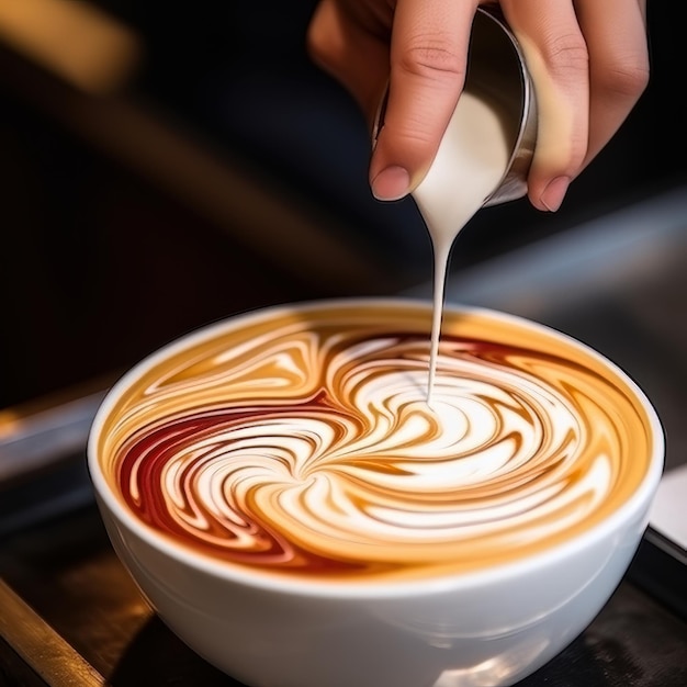 Foto handenbarista maakt latte koffiekunst