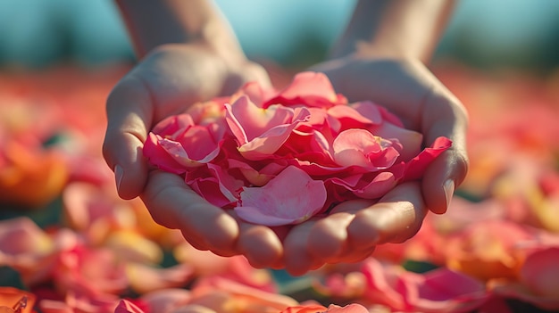 Photo handful of fresh pink rose petals natural beauty love and romance perfect for romance love valentine