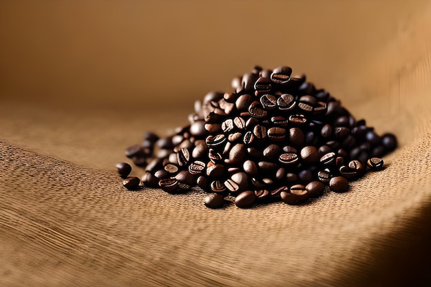 Handful fresh roasted coffee beans on top of gunny sack studio shot product and marketing presentation