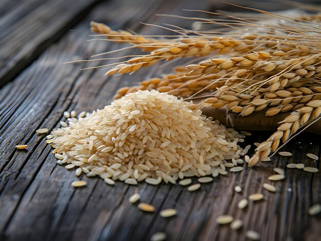 A handful of long grain white rice spills out on the wooden table Food photo light natural colors