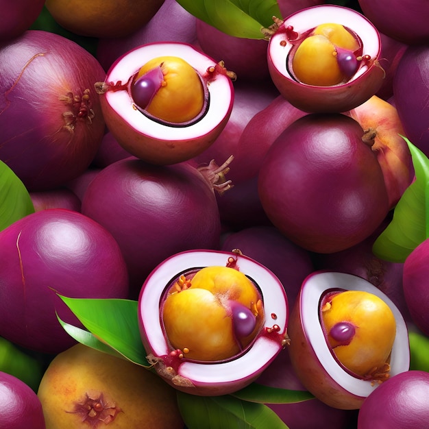 A handful of mangosteens their purple rinds hiding sweet flesh