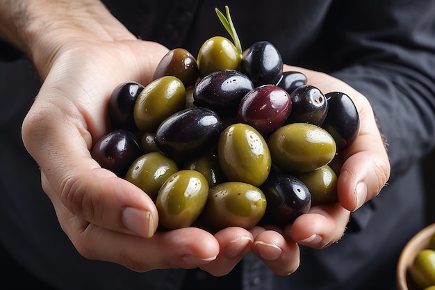 Handful of olives taggiasca or cailletier cultivar grown primarily in southern france