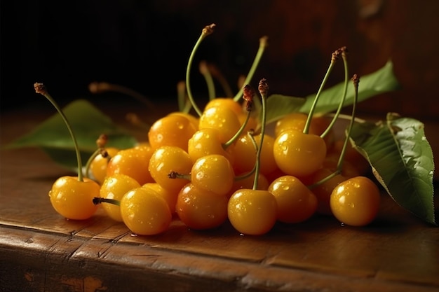 A handful of plump yellow cherries