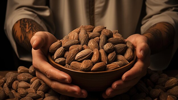 Photo handful of raw almonds woman holding almonds in her hands on black background ai generated