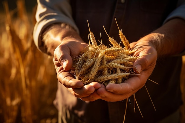 Photo handful of wheat seeds in farmer39s hand ai