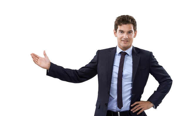 Handgebaar en portret van zakenman in mockupruimte en lege reclame in studio Zeker ondernemer en gebaar om keuze op witte achtergrond te tonen voor aankondiging of presentatie