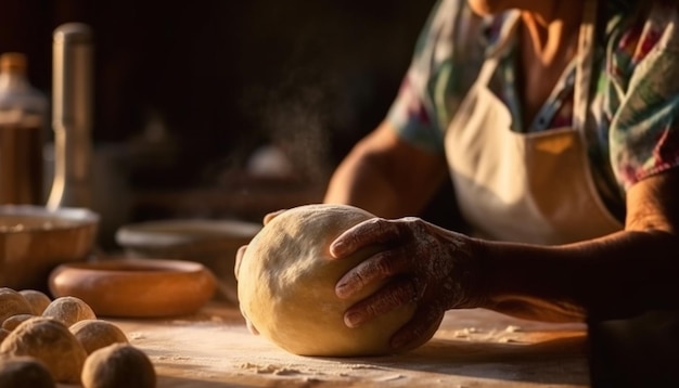 Handgemaakt brooddeeg gekneed op houten tafel generatieve AI