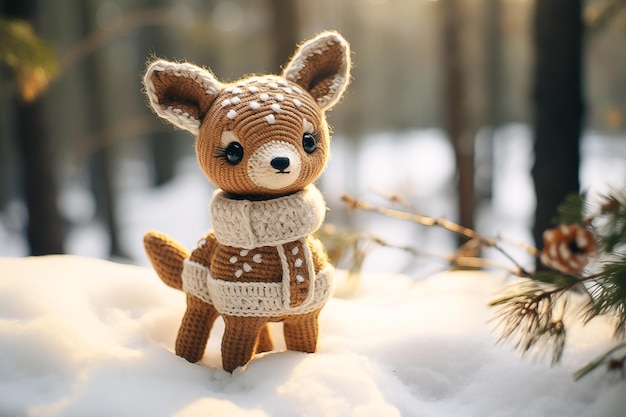 Foto handgemaakt gebreide pluche speelgoed schattig hert in het winterbos