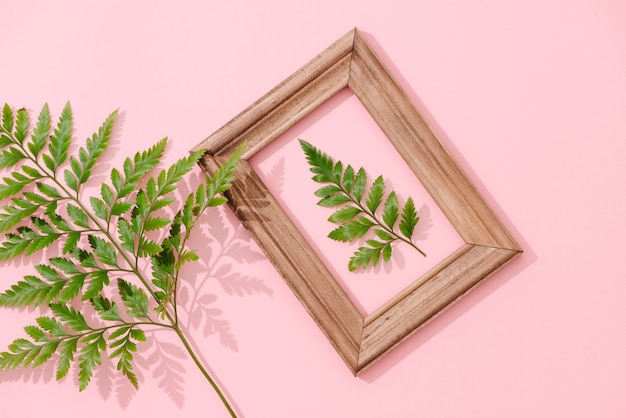 Handgemaakt minimalistisch botanisch interieur, groene tropische bladeren in houten lijsten die op een roze achtergrond hangen