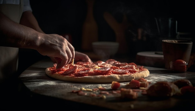 Handgemaakte gastronomische pizza gebakken in rustieke pizzeria gegenereerd door kunstmatige intelligentie