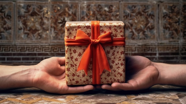 Foto handgemaakte geschenkdoos in handen aanbod van de prachtige handgemaakte geschenkdoos generated ai