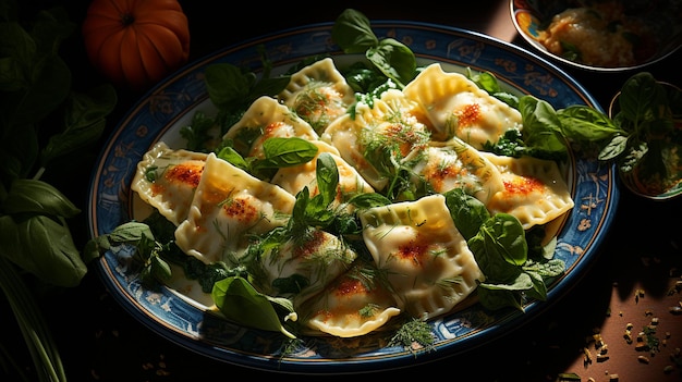 Foto handgemaakte gevulde ravioli ricotta spinazensaus kaas enz.