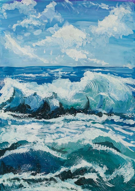 handgemaakte gouache tekening op papier zeegezicht met golven in blauwe tinten