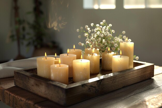 Handgemaakte kaarsen op een houten dienblad