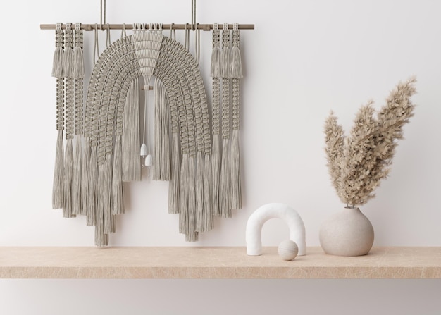 Handgemaakte macramé hangend aan de muur Wanddecor in Boho-stijl gemaakt van katoenen draden in natuurlijke kleur met behulp van de macrame-techniek Mooie macramé wandpaneelvaas met pampagras 3D-rendering