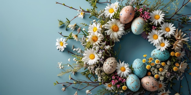 Handgemaakte paaskrans met gekleurde eieren en bloemen