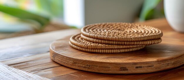 Handgemaakte rattan coaster met een kop koffie op het bureau