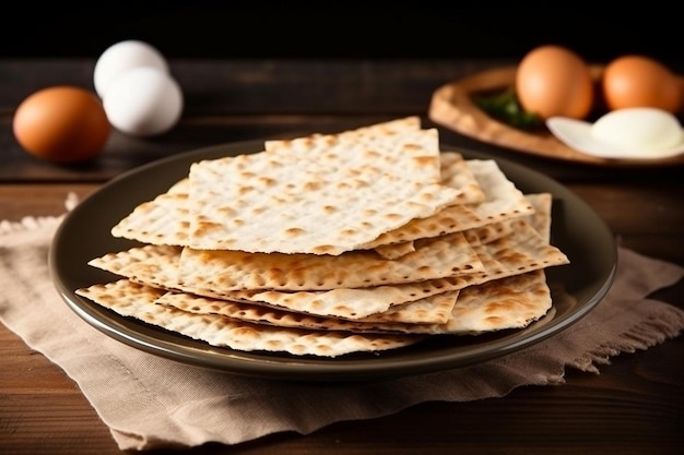 Handgemaakte shmura matzah op een bord op de seder pesach tafel horizontaal