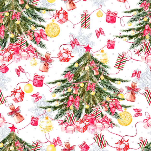 Handgeschilderd vrolijk kerstmis naadloos patroon met aquarel kerstboom, ballen van gele kleuren, bellen, strikken, geschenkdozen, snoepjes, sterren, laarzen en wanten. nieuwjaar decoratie. illustratie