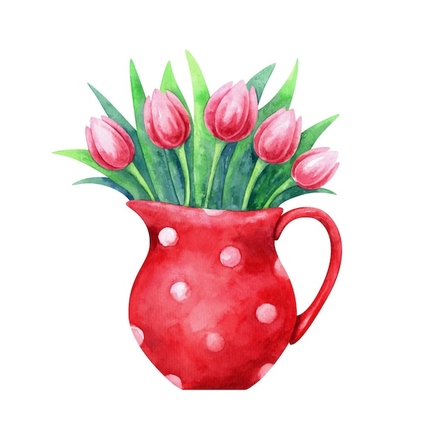 Handgeschilderde aquarel illustratie van rode kruik met tulpen geïsoleerd op een witte achtergrond