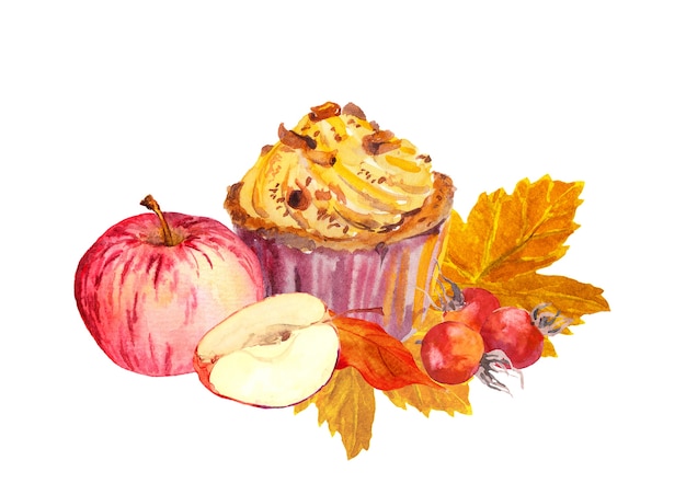 Handgeschilderde cupcake met herfstbladeren, bessen, appels. Waterverf