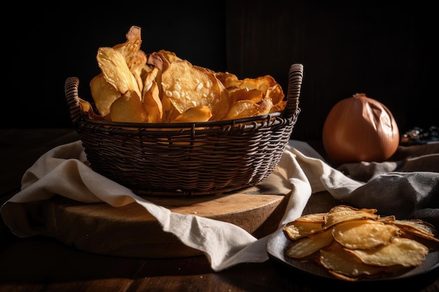 Handgesneden aardappelchips met de schil erop geserveerd in een mand