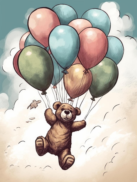 Handgetekende afbeelding van een lachende teddybeer die vliegt met ballonnen generatieve AI