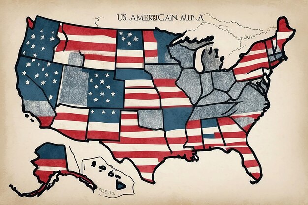 Handgetekende Amerikaanse kaart met Amerikaanse vlag patriottische schets