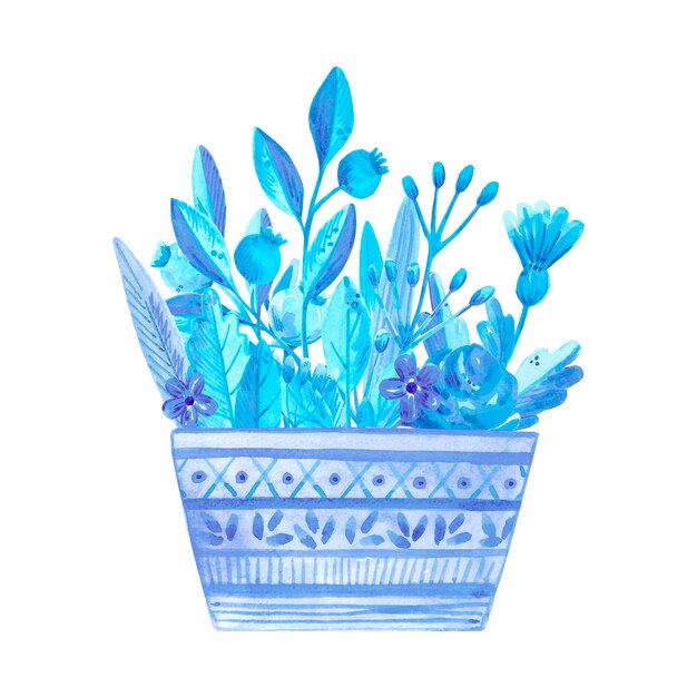 Handgetekende aquarel blauwe bloemen en bladeren boeket in een mand Geïsoleerd op wit Kan worden gebruikt voor kaarten patronen uitnodigingen label
