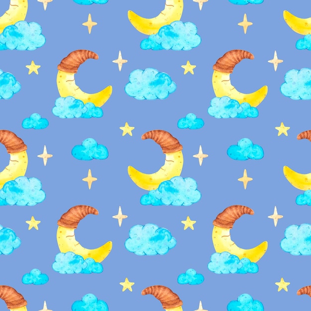 Handgetekende aquarel blauwe wolken met lachende wassende maan naadloze patroon geïsoleerd op blauwe achtergrond kan worden gebruikt voor kinder textiel geschenkverpakking stof behang