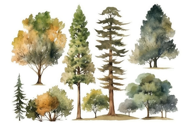 Handgetekende aquarel bomen collectie voor NatureThemed uitnodigingen Generatieve AI