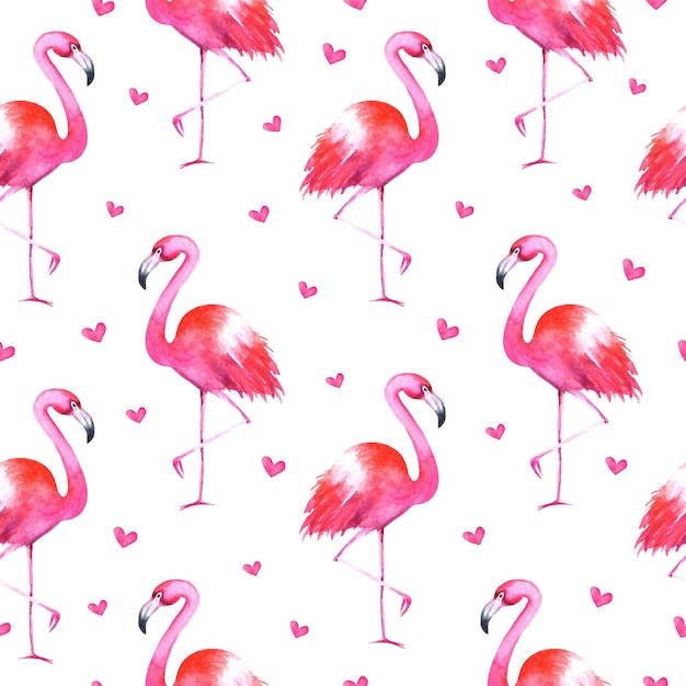 Handgetekende aquarel flamingo's met hartjes naadloos patroon op witte achtergrond