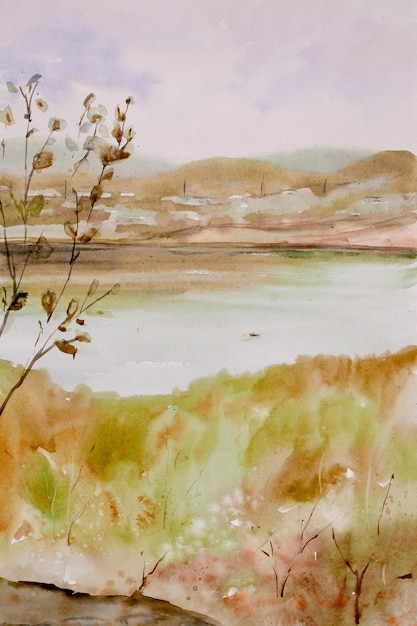 Handgetekende aquarel herfst illustratie van een bosmeer in de bergen