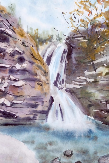 Handgetekende aquarel herfst illustratie waterval in het bos