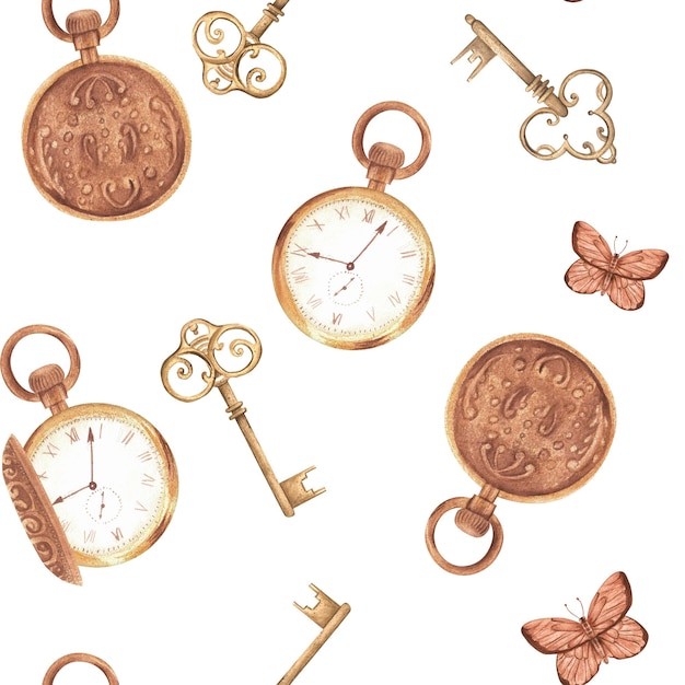 Handgetekende aquarel illustratie naadloos patroon in vintage stijl met sleutels zak horloge en