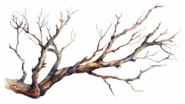 Handgetekende aquarel illustratie van een droge tak van een grote boom Generatieve AI