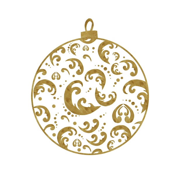Handgetekende aquarel kerstboom bal kanten speelgoed met gouden textuur om twee opties op whi te versieren