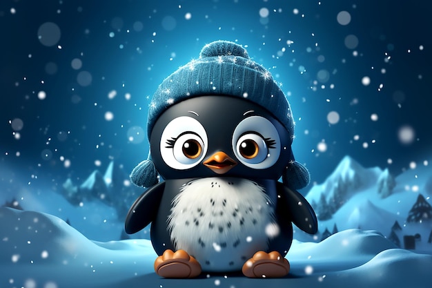 Handgetekende baby pinguïn met blauwe hoed op blauwwitte sneeuw achtergrond kopieerruimte voor tekst