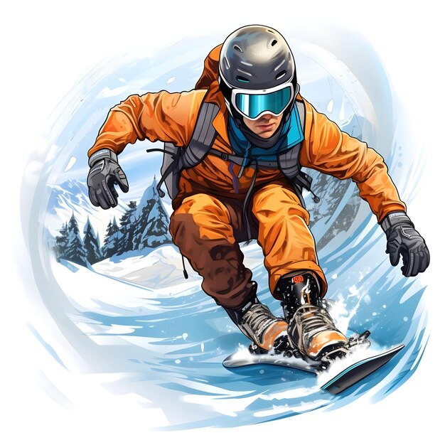 Handgetekende digitale illustratie van een snowboarder die snowboardt in het winterseizoen sneeuwsporten