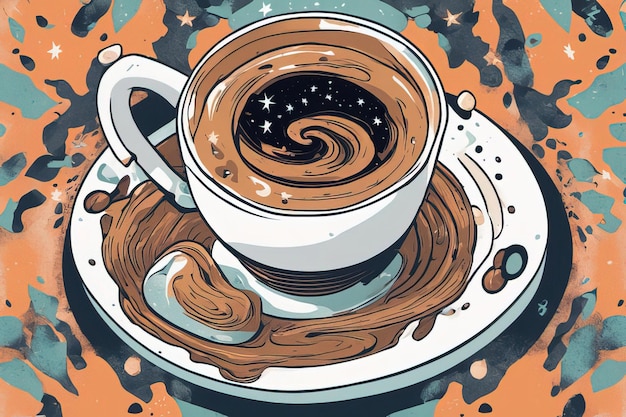 handgetekende illustratie van warme koffiekop met ster van koffie en koffie