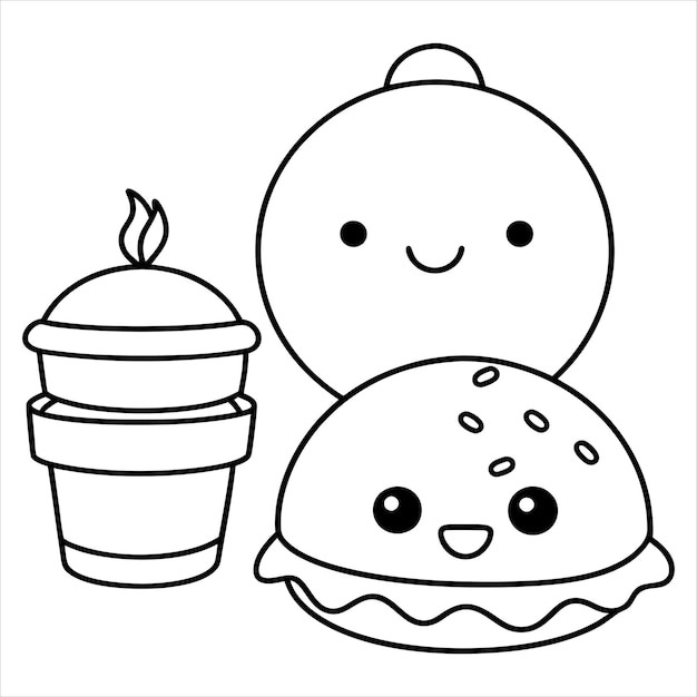Handgetekende kawaii-voedsel voor kinderen kleurboek met illustraties