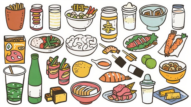 Handgetekende moderne illustratie van makkelijke voedingsmiddelen die in supermarkten in Azië en Korea worden verkocht
