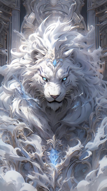 handgetekende mooie illustratie van een witte leeuw in de wolken