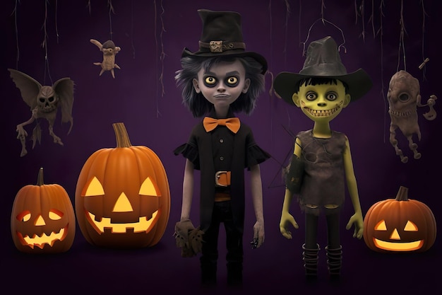 handgetekende platte Halloween-karakterscollectie gemaakt met gegenereerde ai-technologie