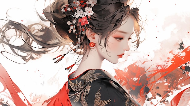 Handgetekende prachtige inkt illustratie van Chinese schoonheid