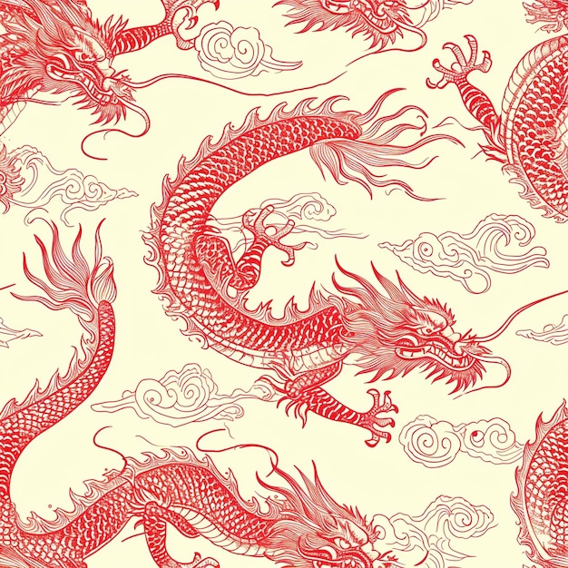 Handgetekende rode Chinese draakpatroon voor de Chinese nieuwjaarsviering v 6 Job ID 00e295f3def94cd08218c06bf489c25a